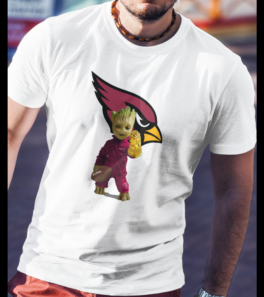 Arizona Cardinals Groot Holding Football And Infinity Gauntlet T-Shirt