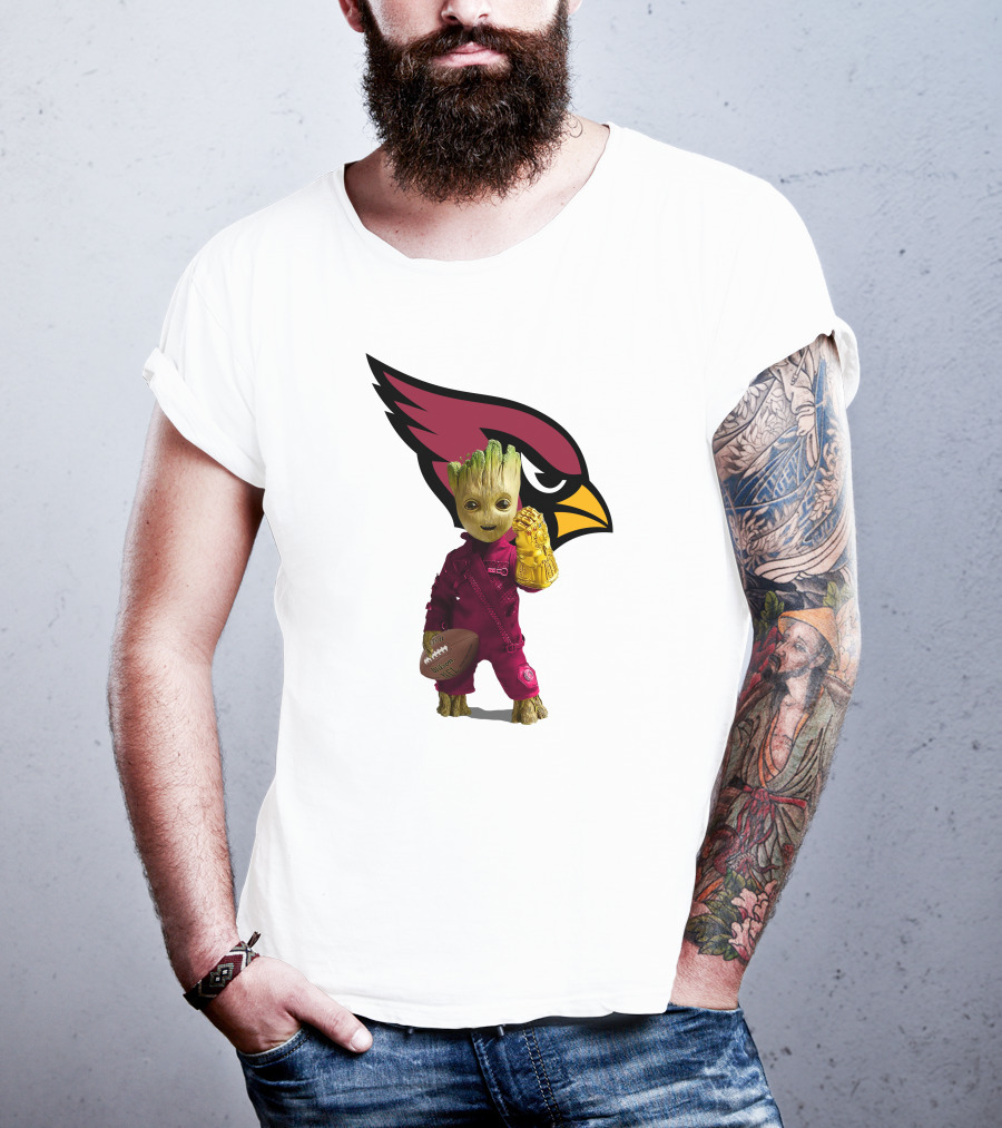 Arizona Cardinals Groot Holding Football And Infinity Gauntlet T-Shirt