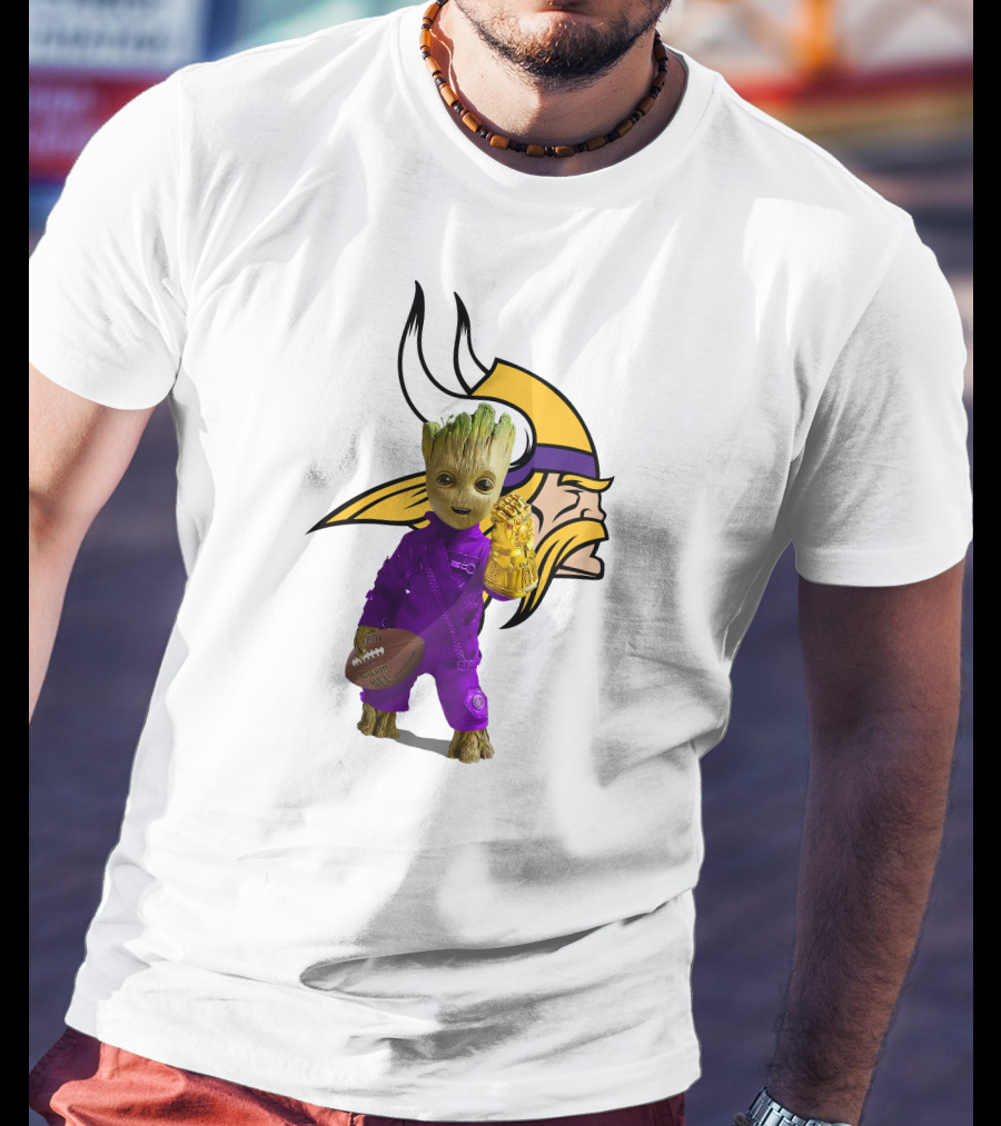 Minnesota Vikings Groot Holding Football And Infinity Gauntlet T-Shirt