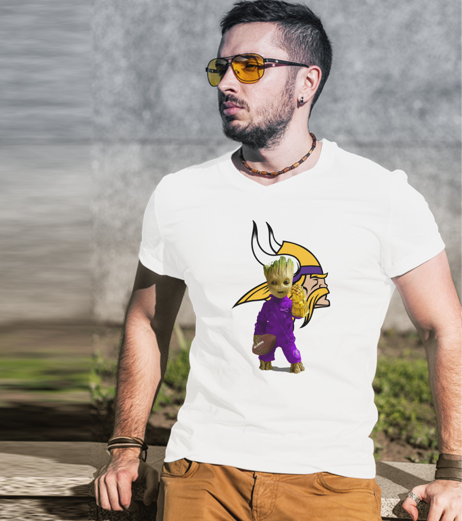 Minnesota Vikings Groot Holding Football And Infinity Gauntlet T-Shirt