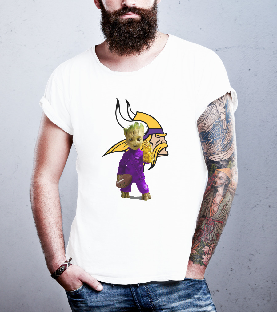 Minnesota Vikings Groot Holding Football And Infinity Gauntlet T-Shirt