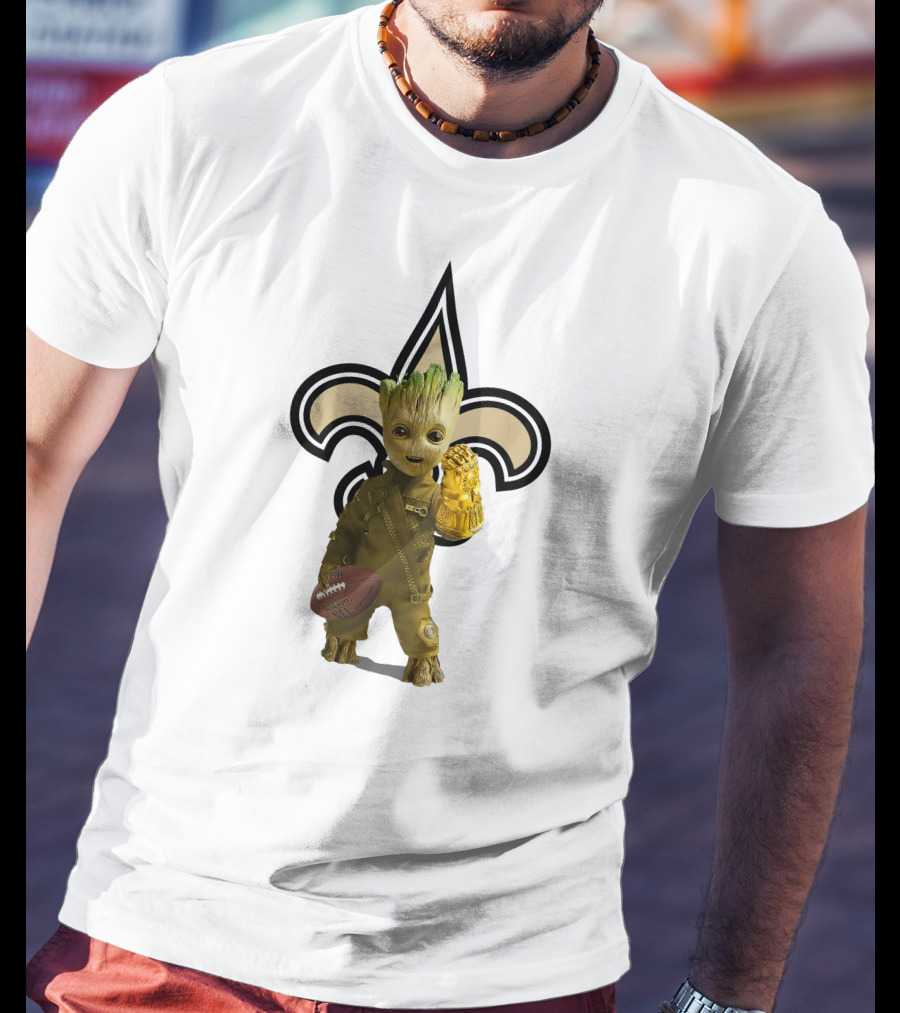 New Orleans Saints Groot Football Infinity Gauntlet Fleur-de-lis T-Shirt