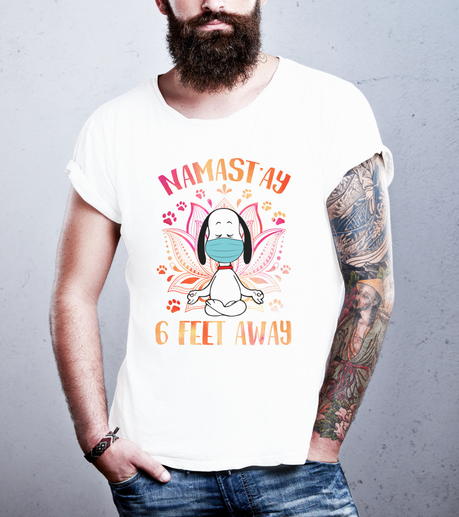 Namastay 6 Feet Away Masked Meditating Dog With Mandala And Paw Prints T-Shirt