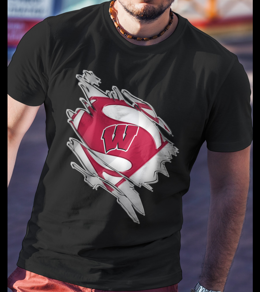 Wisconsin Badgers Super Man Emblem With W Inside Torn Fabric Effect T-Shirt