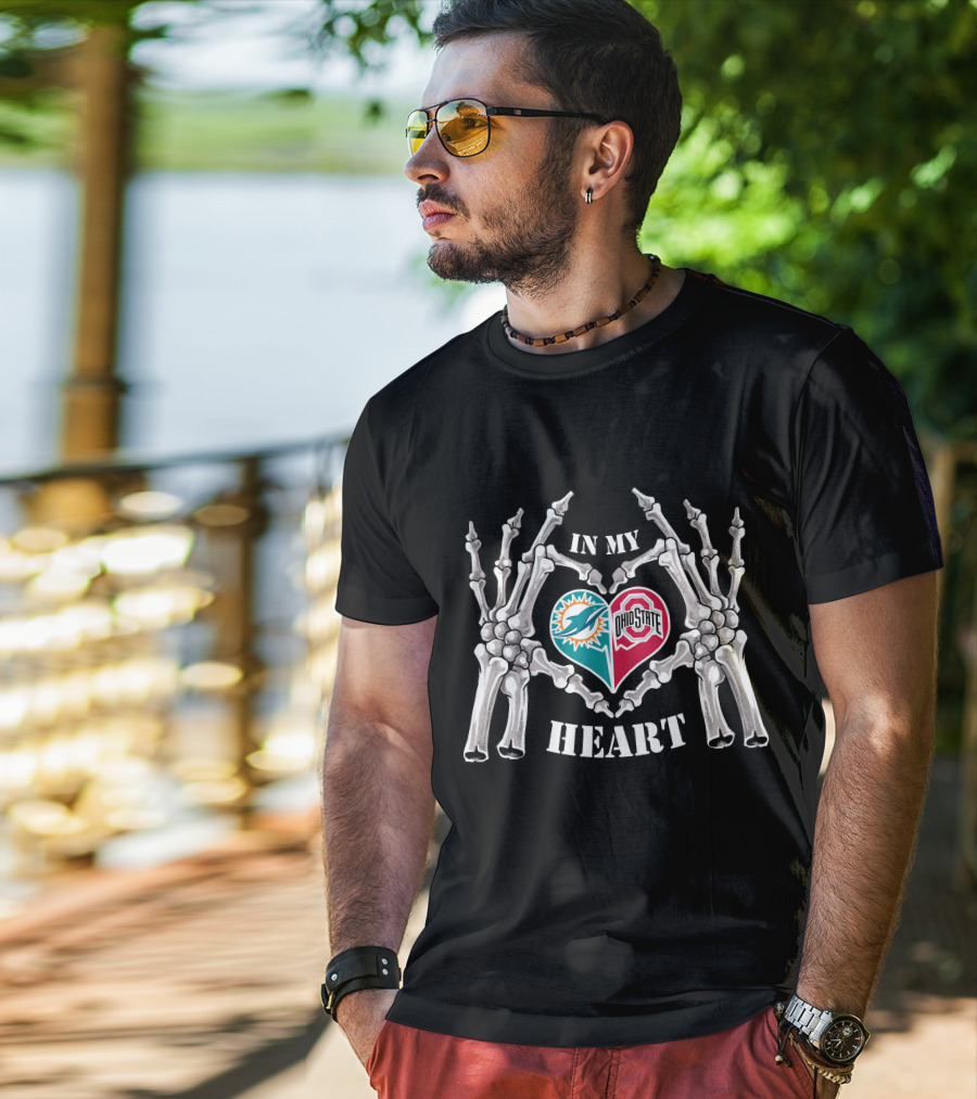 In My Heart Miami Dolphins Ohio State Buckeyes Skeleton Hands T-Shirt