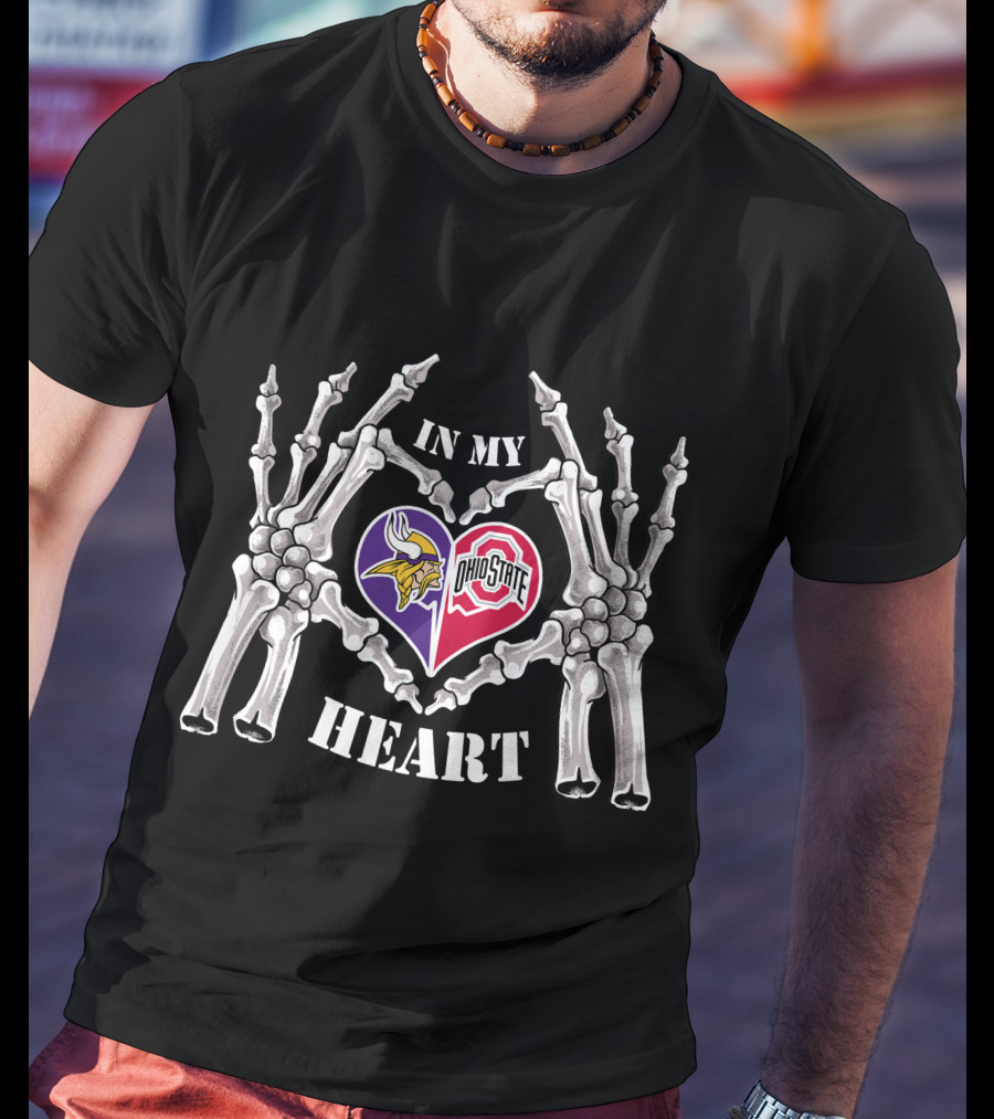 In My Heart Minnesota Vikings Ohio State Buckeyes Skeleton Hands Heart T-Shirt