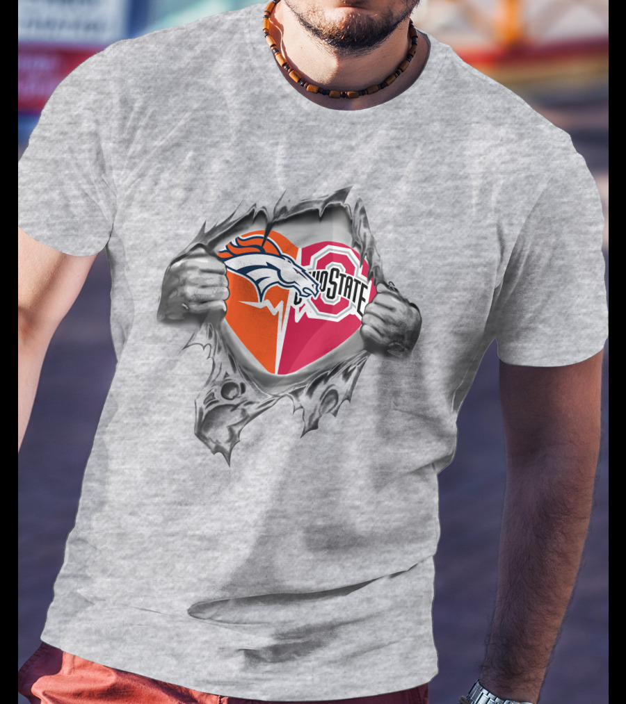 Denver Broncos Ohio State Buckeyes Logo Heart Tear Effect T-Shirt