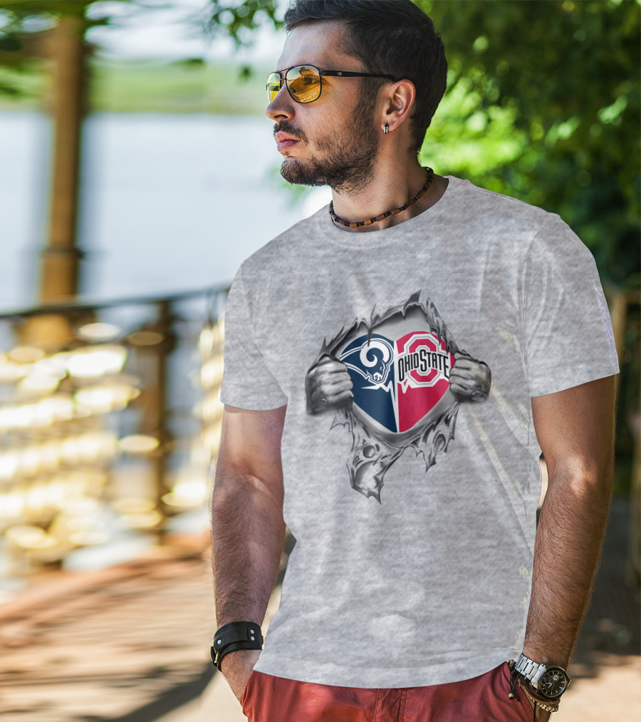 Los Angeles Rams Ohio State Buckeyes Heart Tear Underneath Football Fan Unity T-Shirt