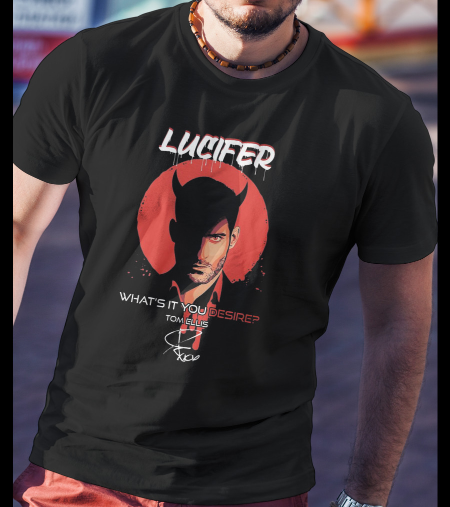 Lucifer What's It You Desire Tom Ellis Red Circle Devil Horns T-Shirt