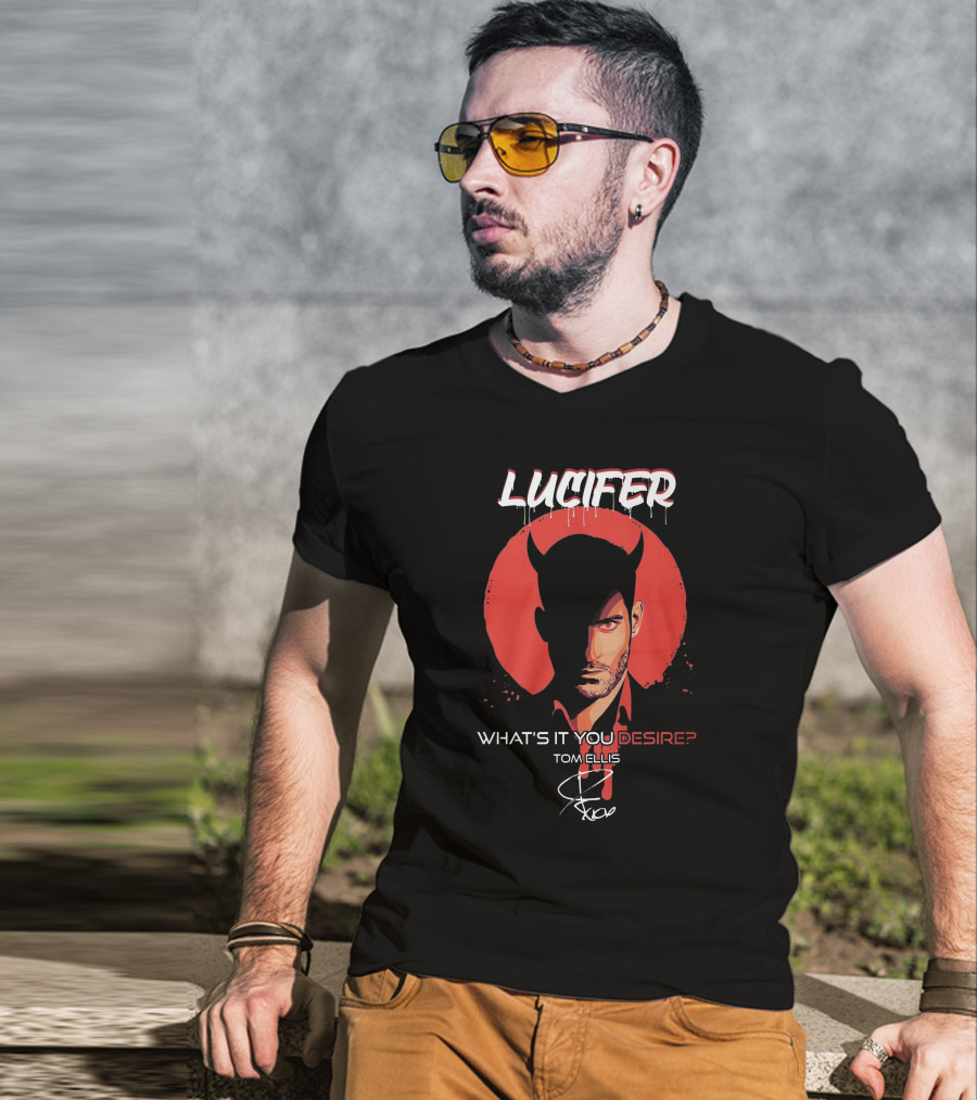 Lucifer What's It You Desire Tom Ellis Red Circle Devil Horns T-Shirt