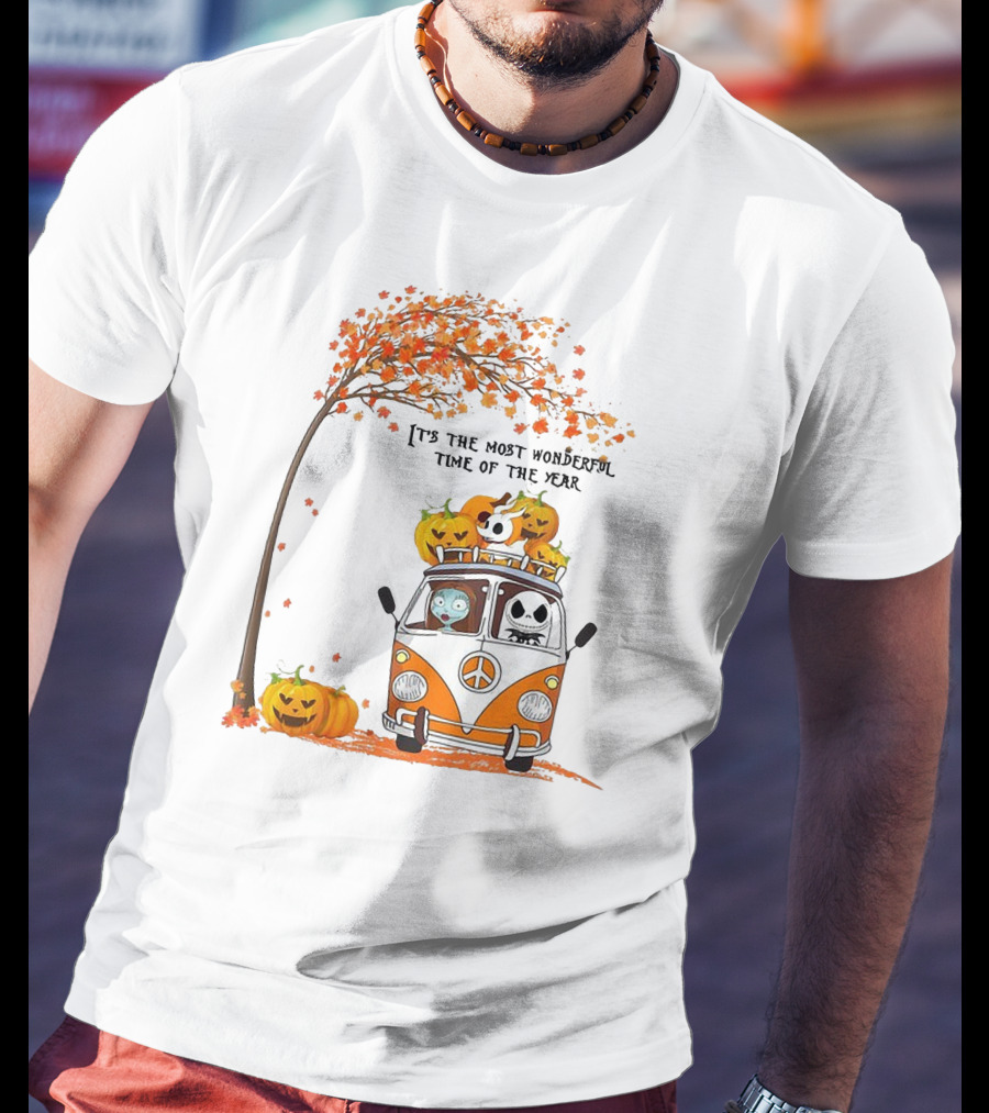 Jack Skellington Pumpkin It's The Most Wonderful Time Of The Year Autumn Van With Pumpkins And Tree T-Shirt