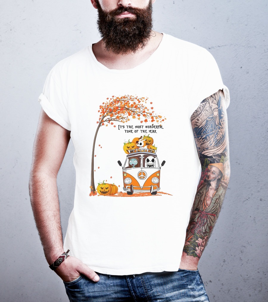 Jack Skellington Pumpkin It's The Most Wonderful Time Of The Year Autumn Van With Pumpkins And Tree T-Shirt