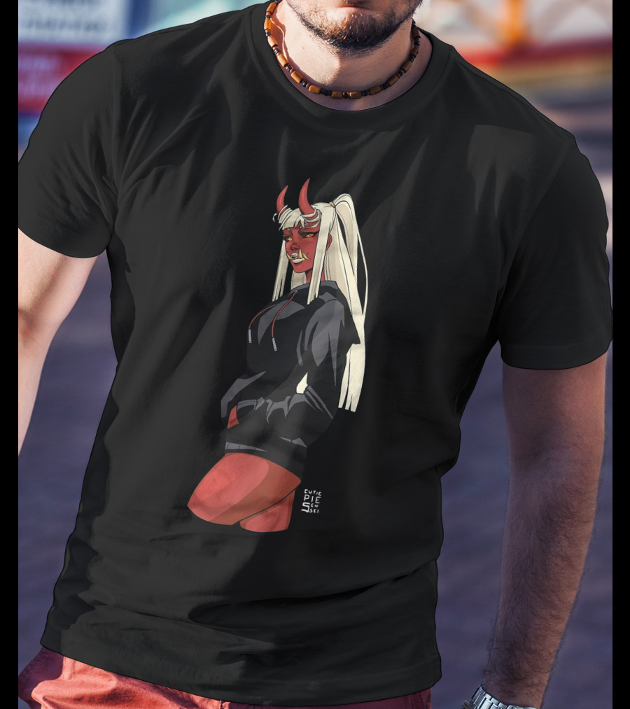 Cutie Pie Sensei X Redpop Oni Chan Demon Girl In Black Hoodie With Red Horns And Long Blonde Hair T-Shirt