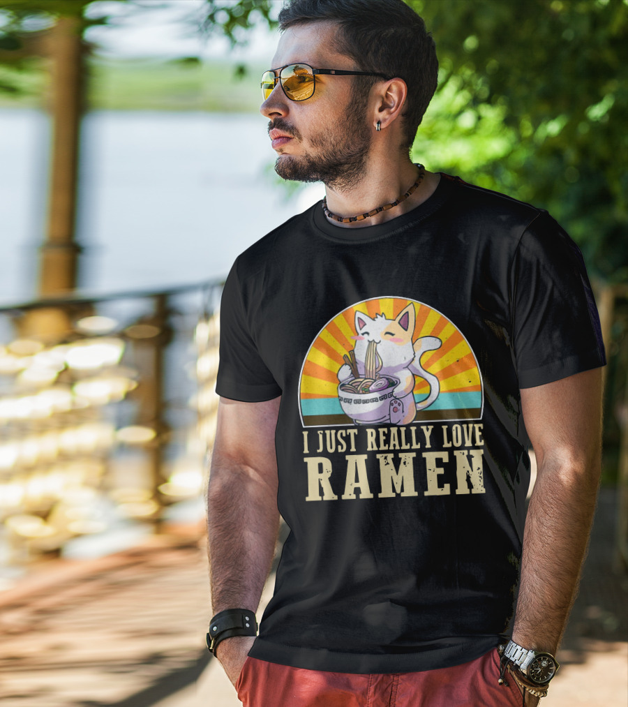 Cat Enjoying Ramen With Sunburst Background Graphics T-Shirt