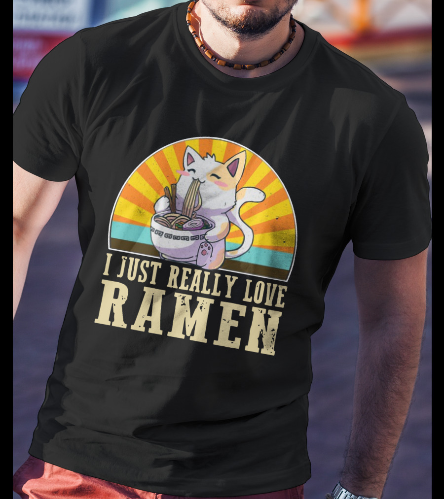 Cat Enjoying Ramen With Sunburst Background Graphics T-Shirt