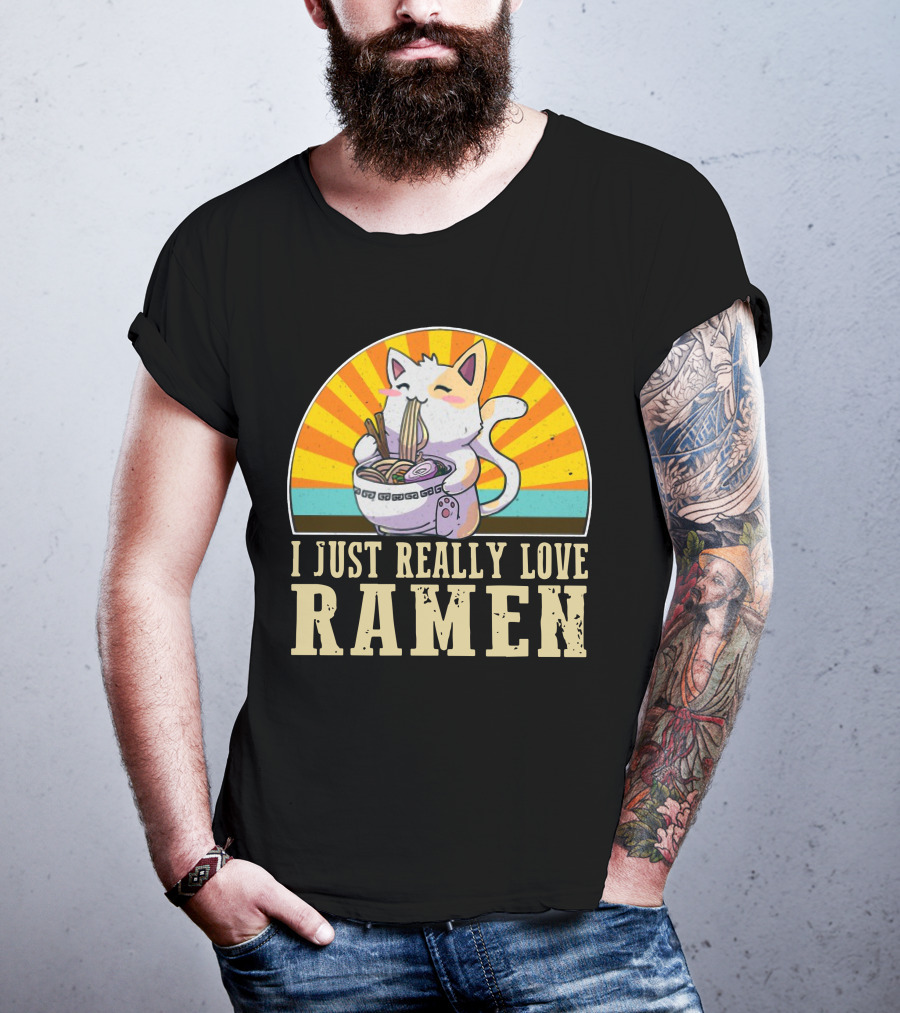 Cat Enjoying Ramen With Sunburst Background Graphics T-Shirt