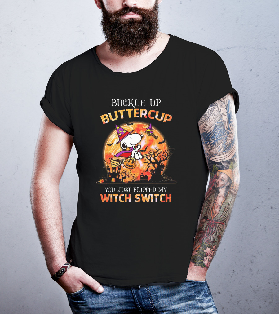 Buckle Up Buttercup You Just Flipped My Witch Switch Snoopy Flying On Broom With Pumpkin Halloween Moon T-Shirt