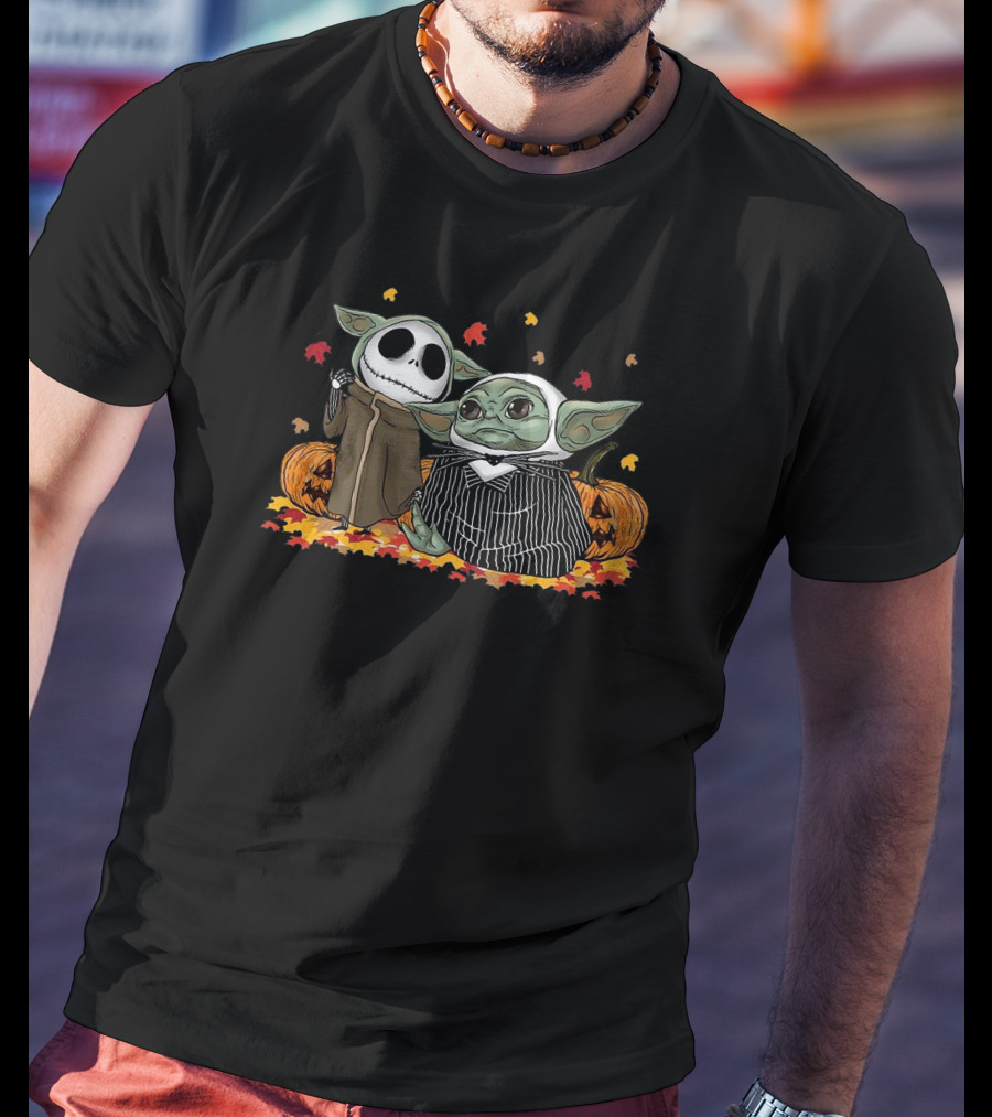 Jack Skellington And Baby Yoda Halloween Pumpkin Crossover T-Shirt
