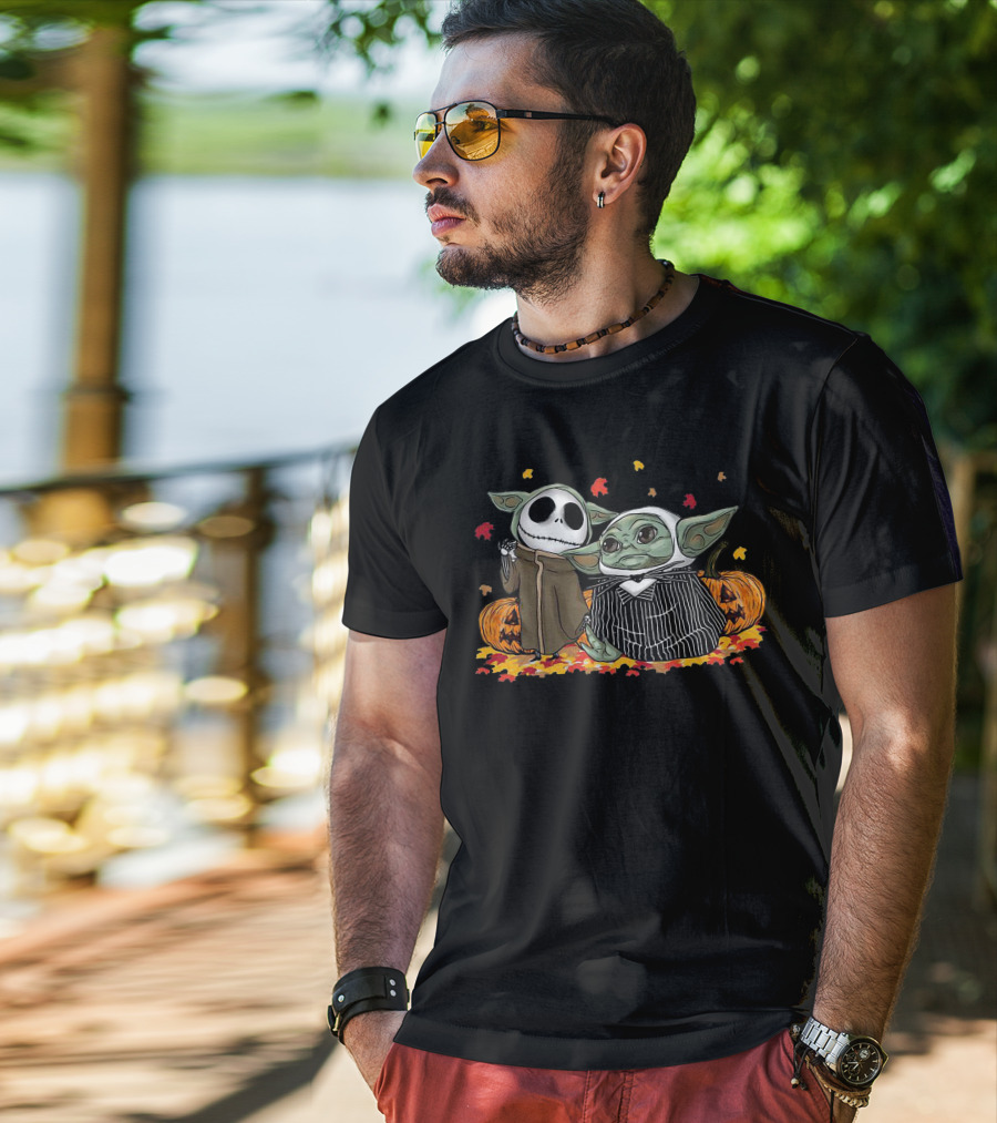 Pumpkin Halloween Baby Yoda Jack Skellington Autumn Leaves T-Shirt