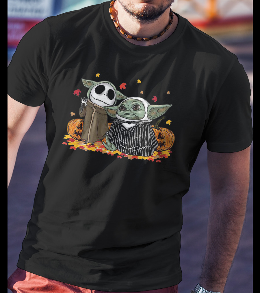 Pumpkin Halloween Baby Yoda Jack Skellington Autumn Leaves T-Shirt