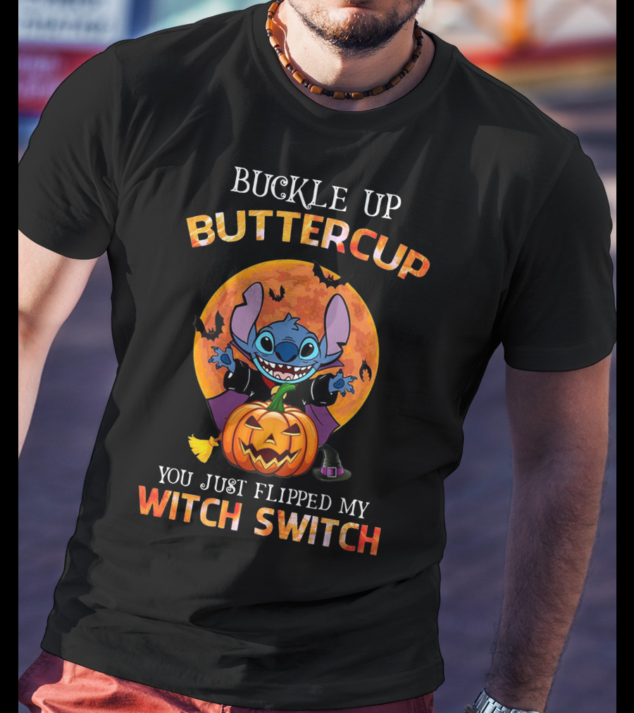 Buckle Up Buttercup Halloween Stitch You Just Flipped My Witch Switch Pumpkin Moon Bats T-Shirt