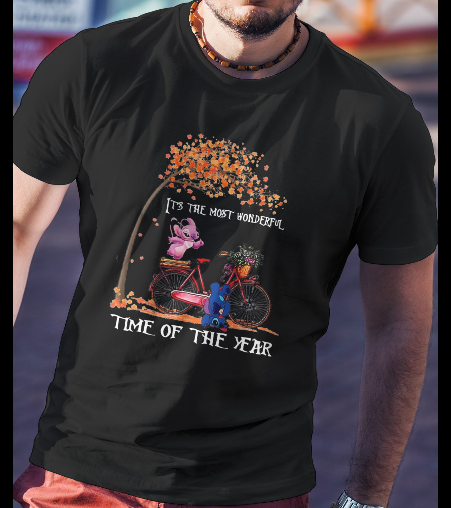 It's The Most Wonderful Time Of The Year Stitch On Bicycle With Fall Tree T-Shirt