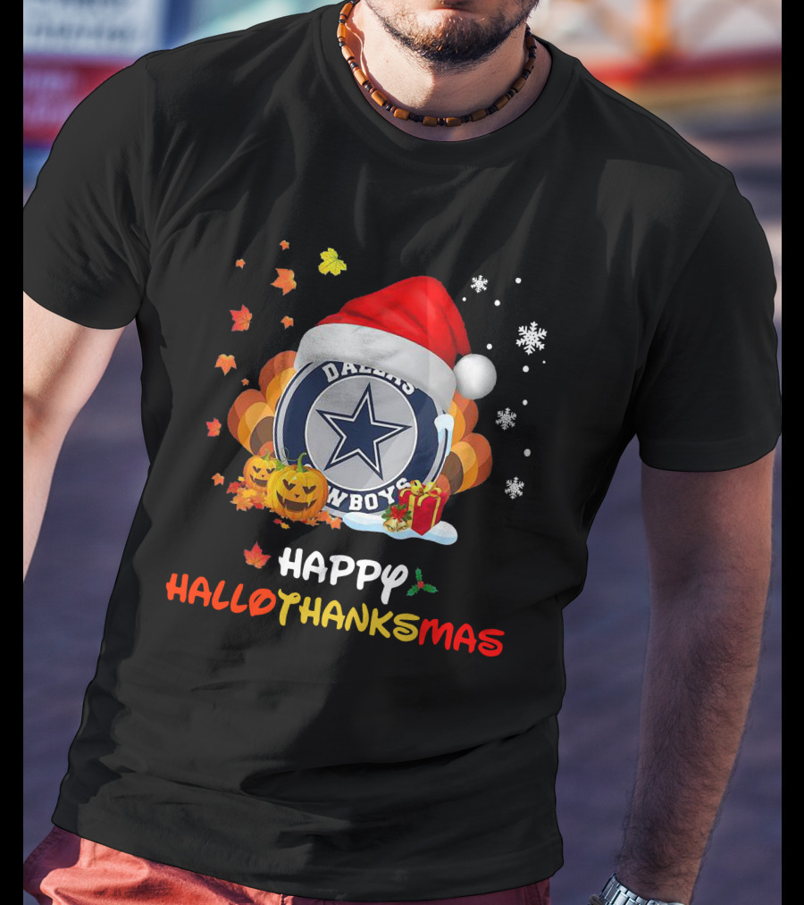Happy Hallothanksmas Dallas Cowboys Pumpkin Santa Leaves Snowflakes T-Shirt