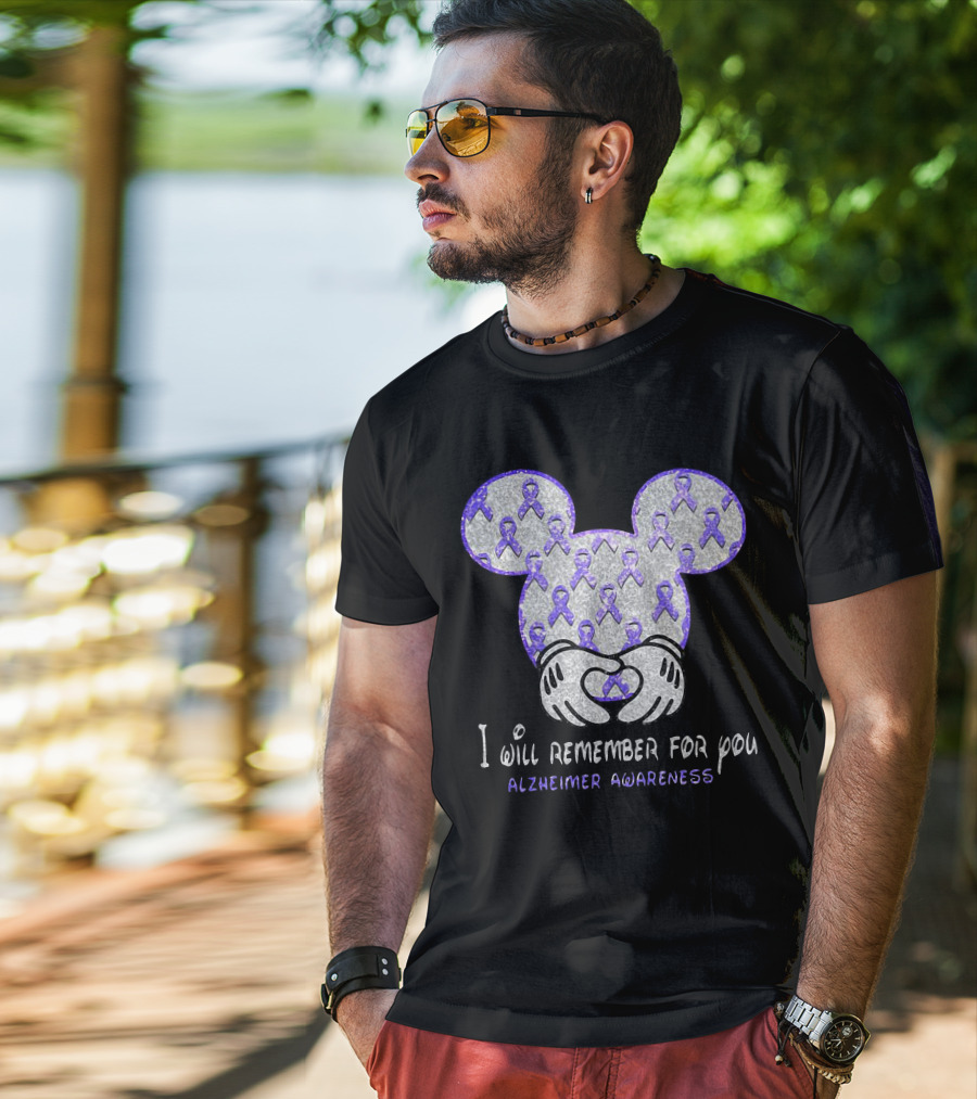 I Will Remember For You Alzheimer Awareness Mickey Pattern With Purple Ribbons T-Shirt