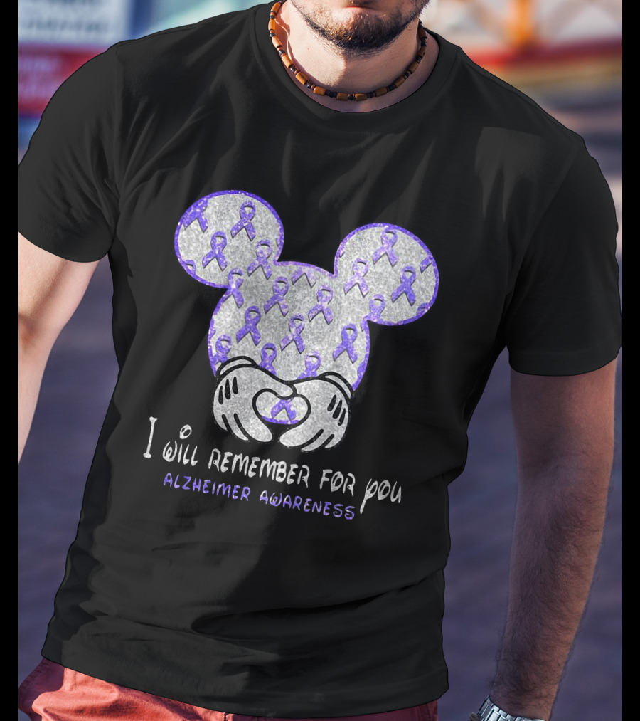 I Will Remember For You Alzheimer Awareness Mickey Pattern With Purple Ribbons T-Shirt