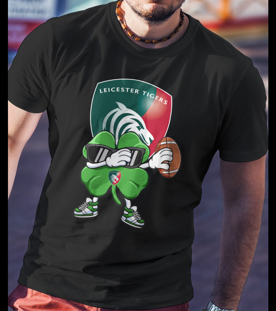 Leicester Tigers Shamrock Mascot Holding Rugby Ball T-Shirt