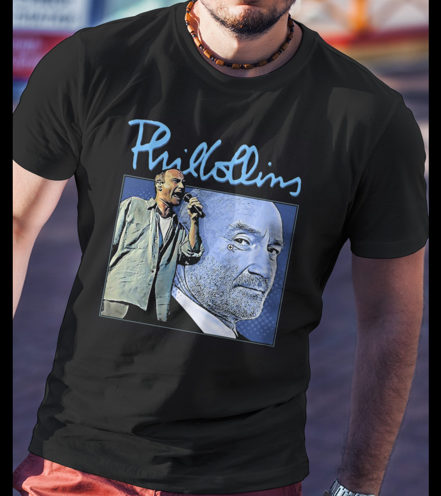 Phil Collins Blue Portrait With Microphone Performance T-Shirt