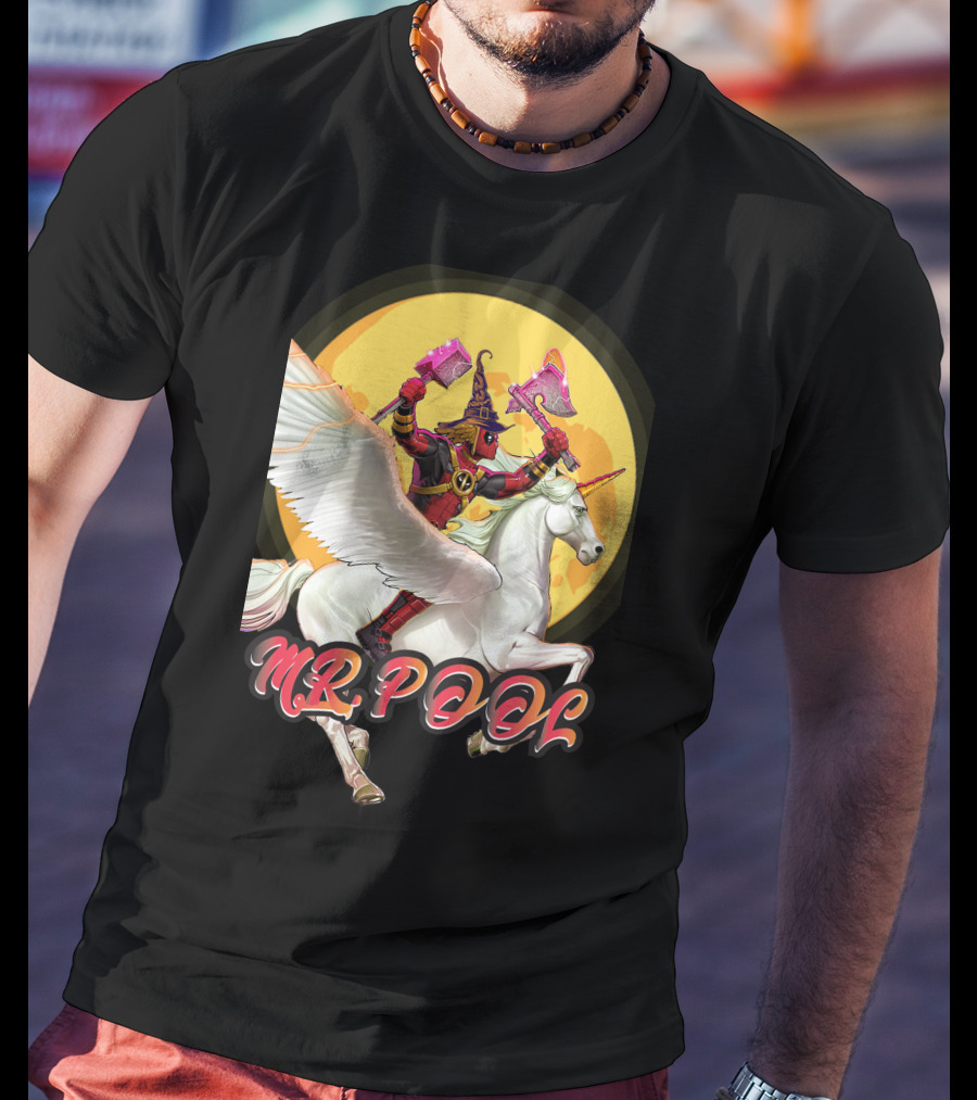 MR POOL Wizard On Unicorn With Pink Axes T-Shirt