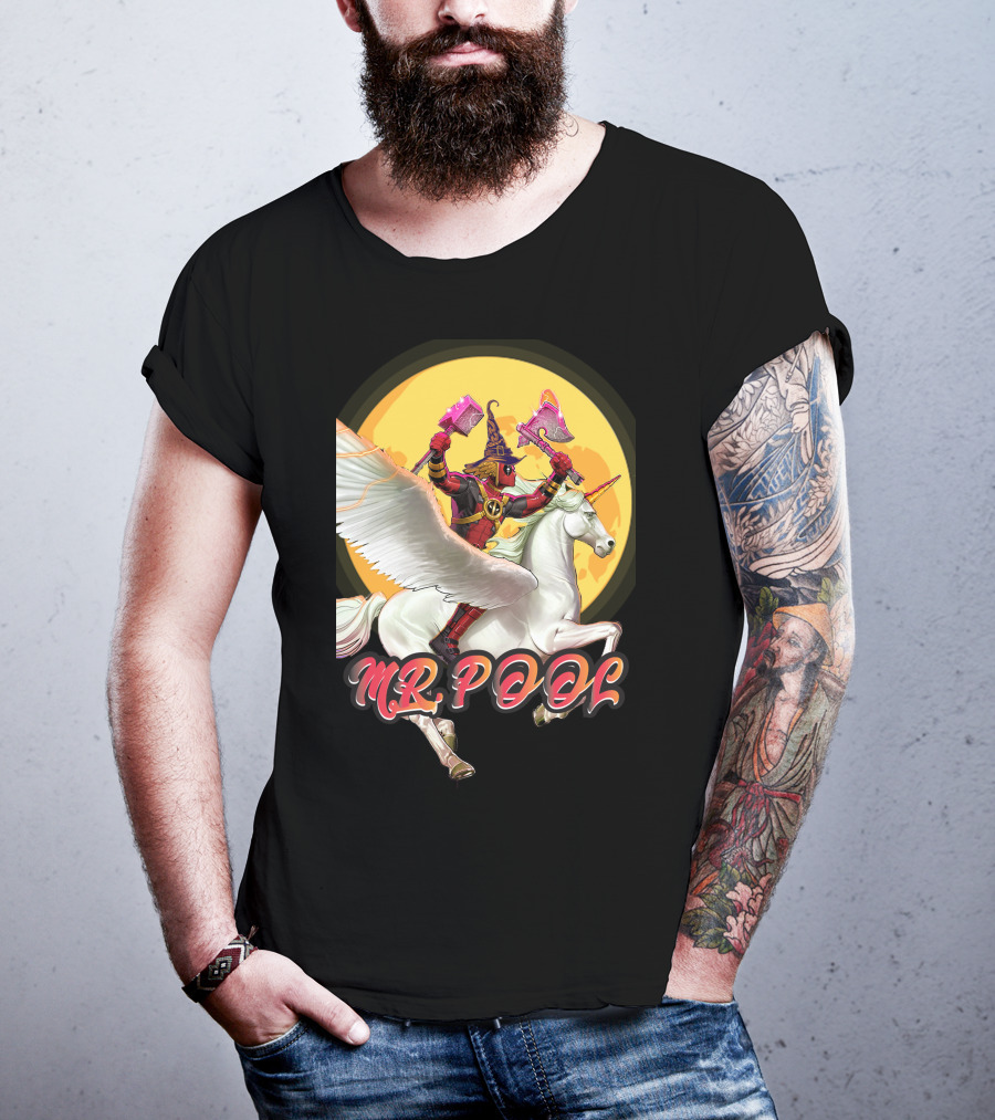 MR POOL Wizard On Unicorn With Pink Axes T-Shirt