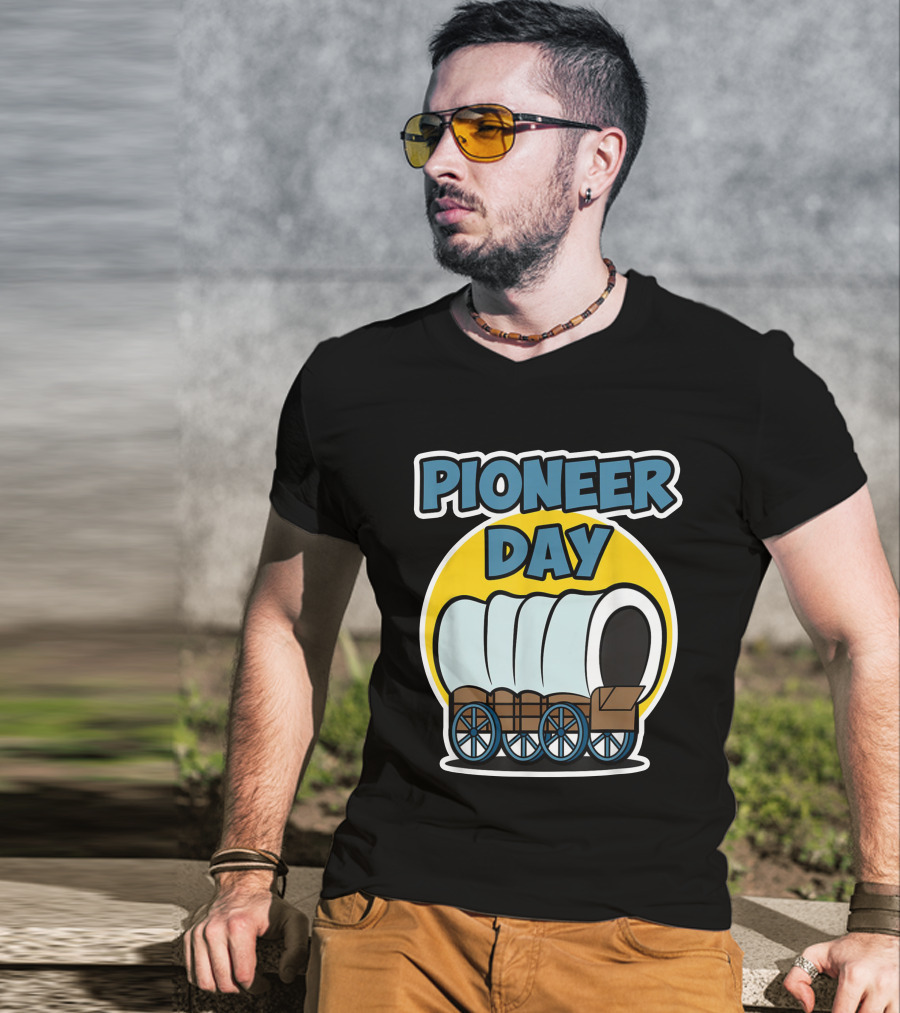 Pioneer Day Covered Wagon Illustration With Bold Lettering T-Shirt