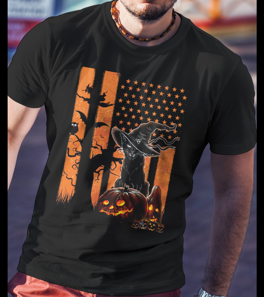 Halloween Black Cat Witch Hat Jack-O'-Lanterns And Stars On Orange Stripes T-Shirt