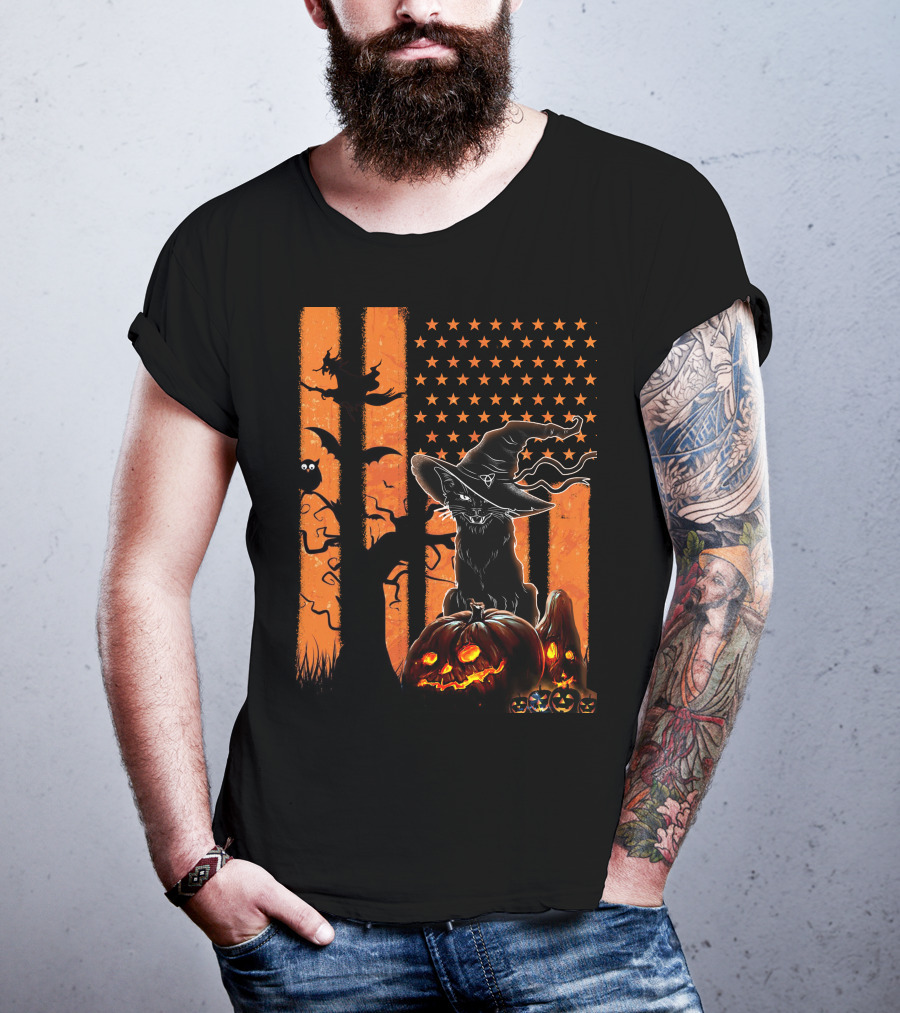 Halloween Black Cat Witch Hat Jack-O'-Lanterns And Stars On Orange Stripes T-Shirt