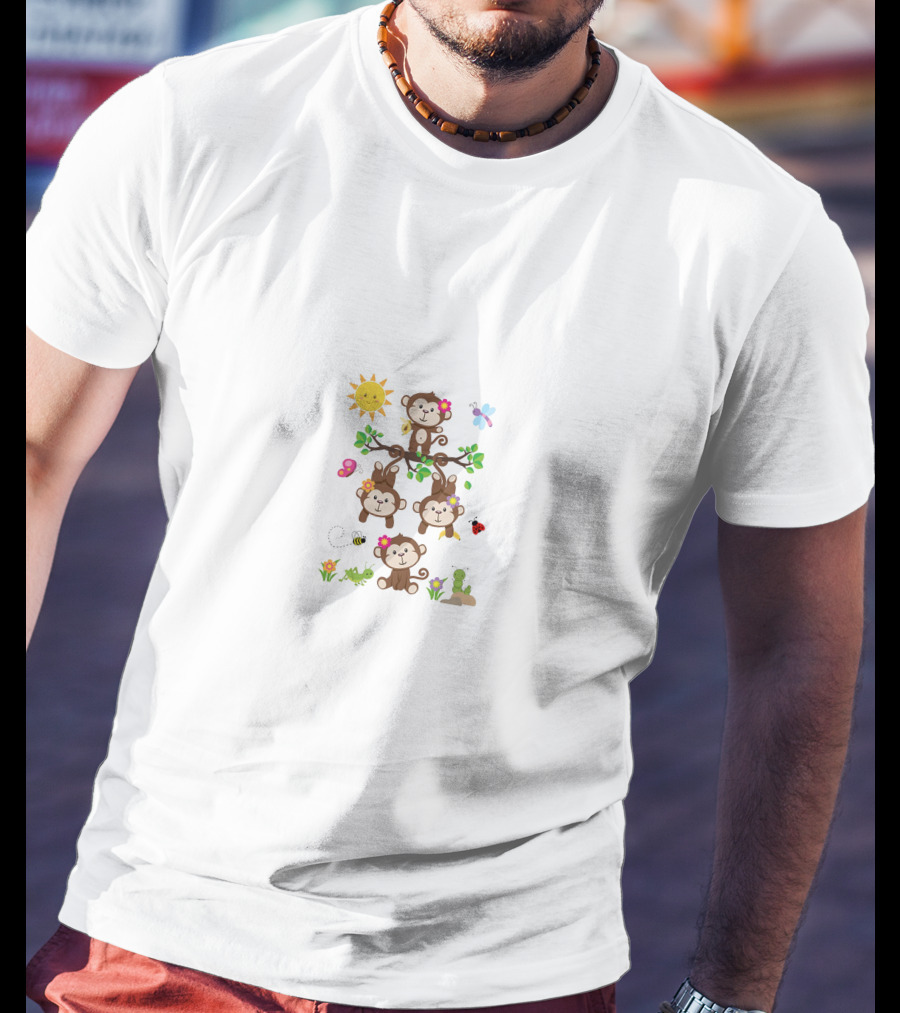 Madame Defarge Sun Smiling Monkeys And Flowers With Ladybug Butterfly Bee T-Shirt