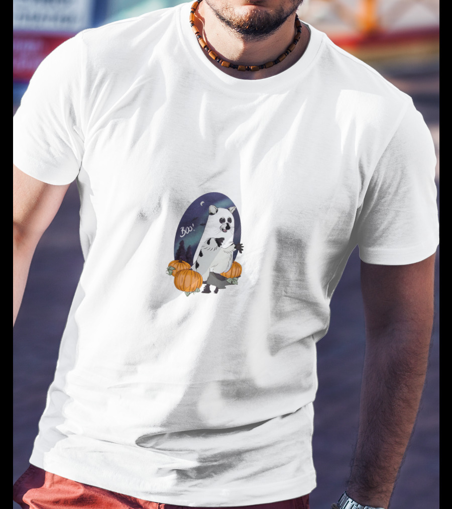Boo Halloween Raccoon With Pumpkins And Moonlit Night Scene T-Shirt