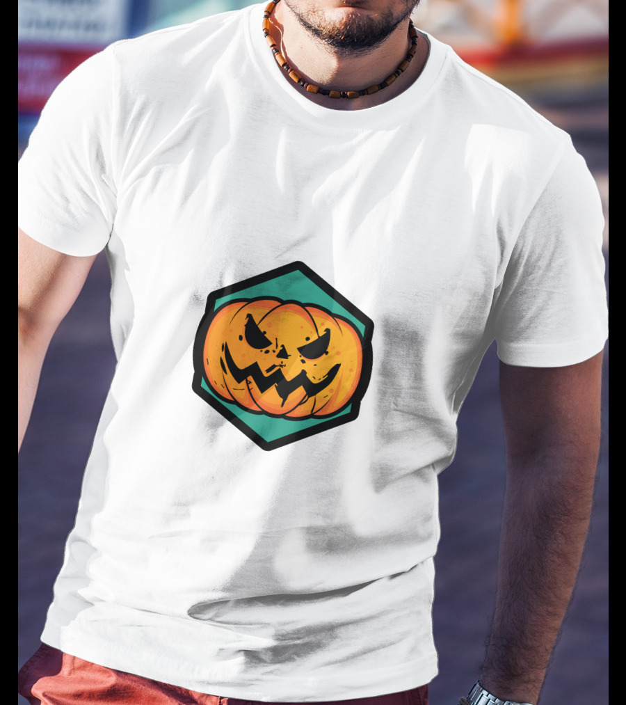Jack-O'-Lantern Pumpkin Face Hexagon Badge T-Shirt