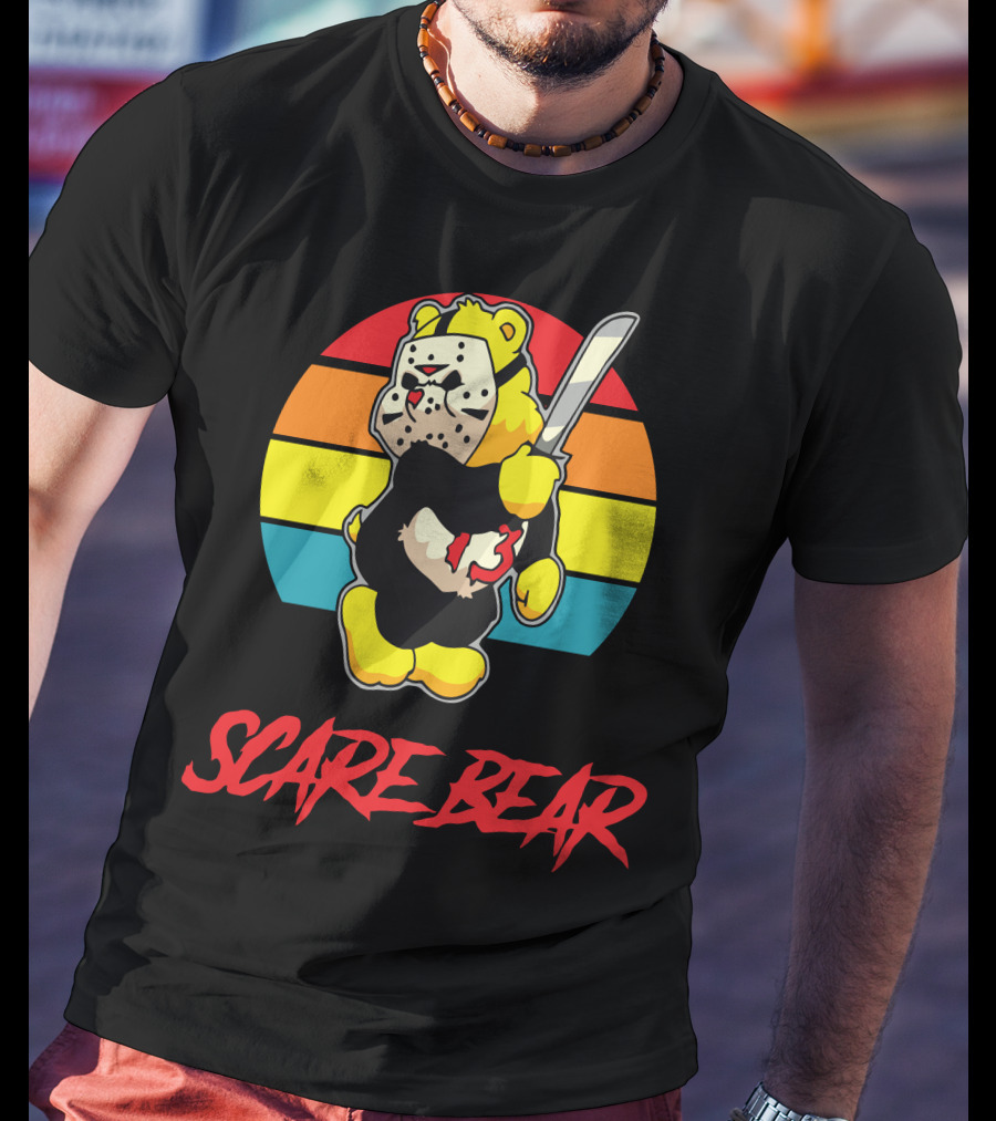 Scare Bear Slasher Retro Rainbow Bear With Mask And Knife T-Shirt