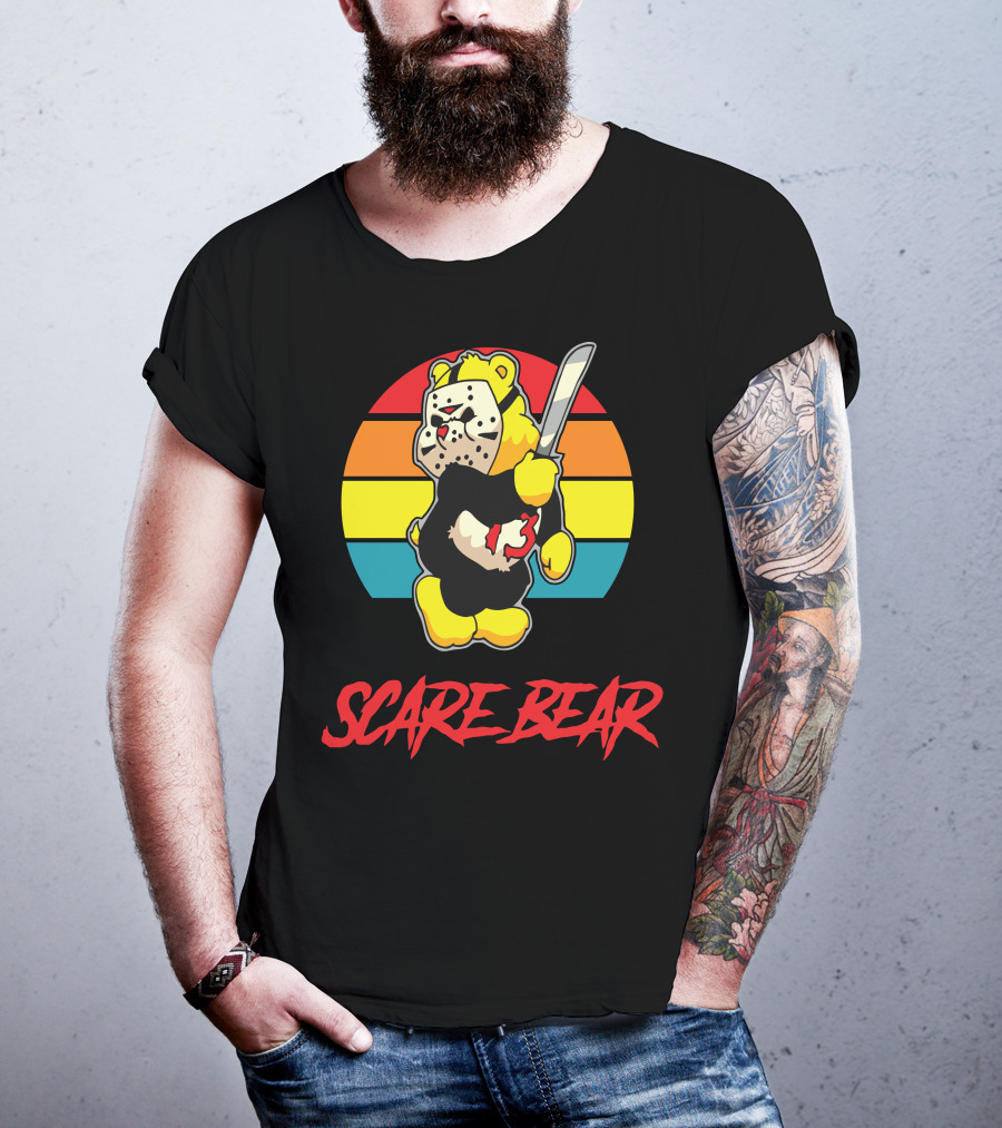 Scare Bear Slasher Retro Rainbow Bear With Mask And Knife T-Shirt