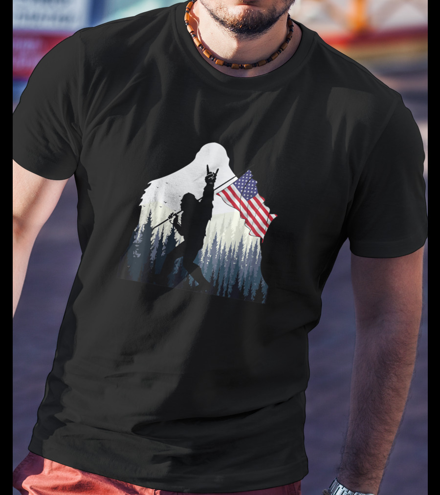Bigfoot Silhouette With USA Flag And Rock And Roll Pose In Forest T-Shirt