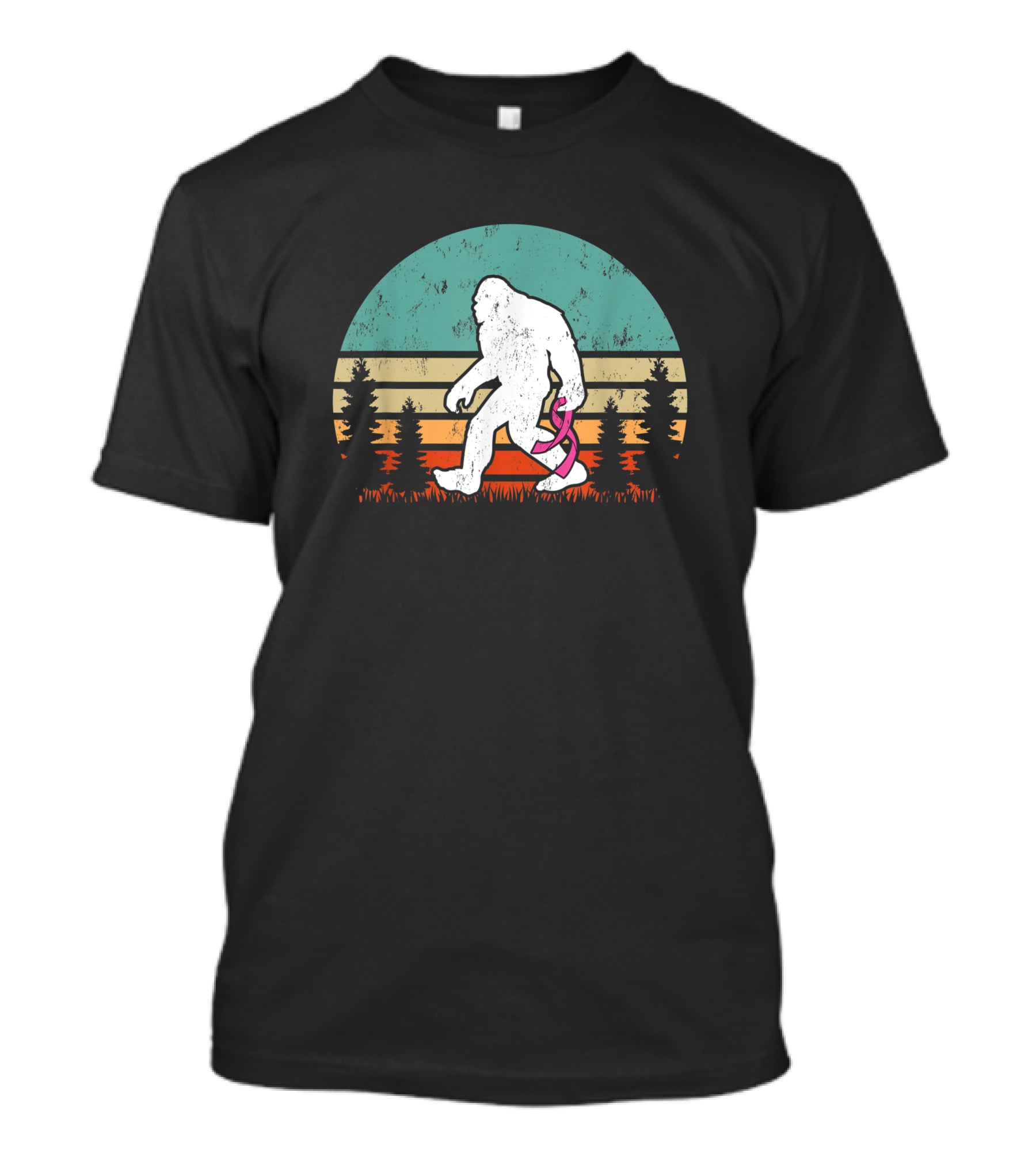 Vintage Bigfoot Breast Cancer Awareness Pink Ribbon Forest Sunset T-Shirt