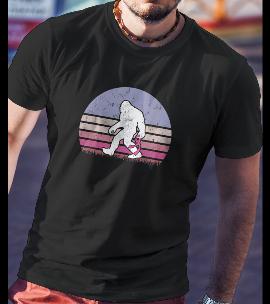 Vintage Bigfoot Breast Cancer Awareness Pink Ribbon Stripes T-Shirt