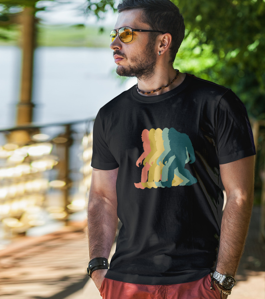 Vintage Retro Rainbow Walking Bigfoot Silhouette 1970s T-Shirt