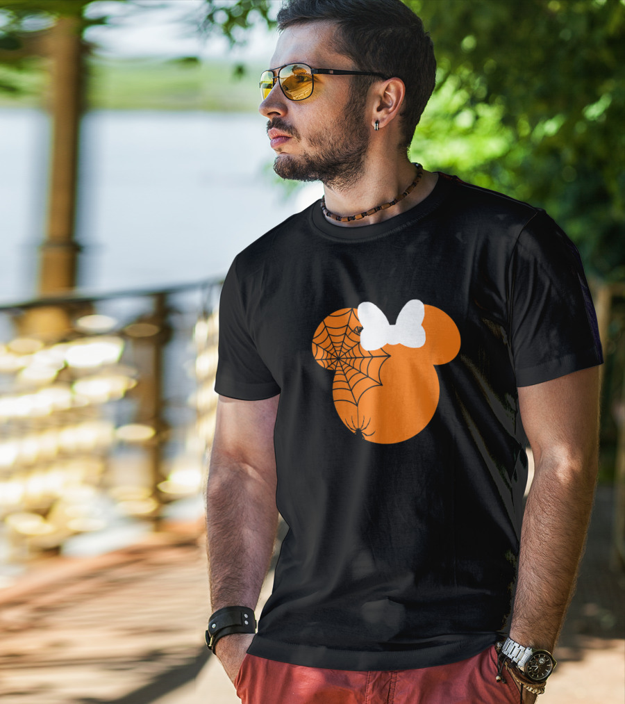 Cute Mouse Halloween Pumpkin With Bow And Spider Web T-Shirt