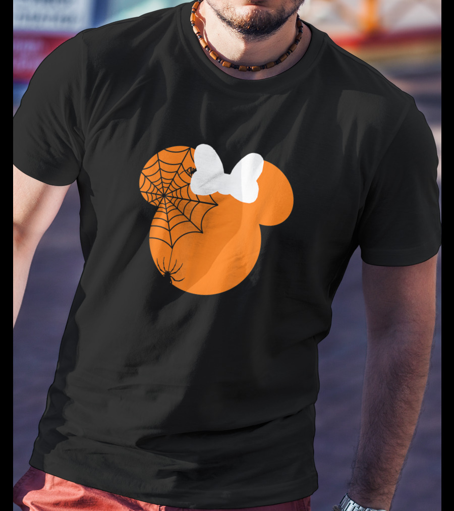 Cute Mouse Halloween Pumpkin With Bow And Spider Web T-Shirt