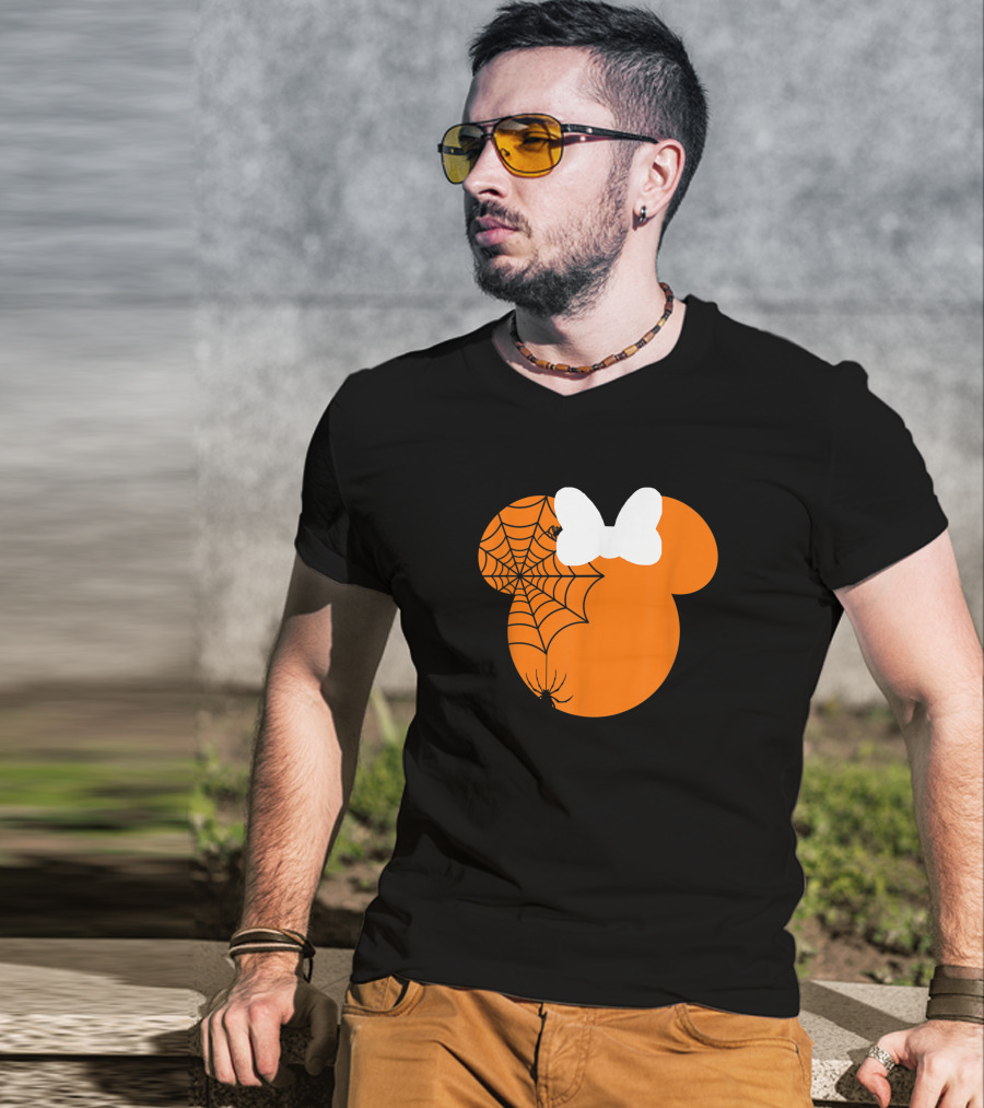 Cute Mouse Halloween Pumpkin With Bow And Spider Web T-Shirt