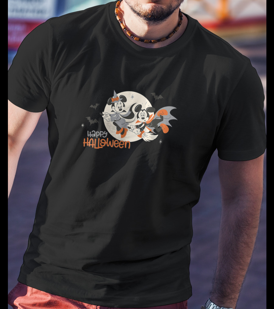 Happy Halloween Disney Minnie And Mickey Flying On Broomsticks T-Shirt