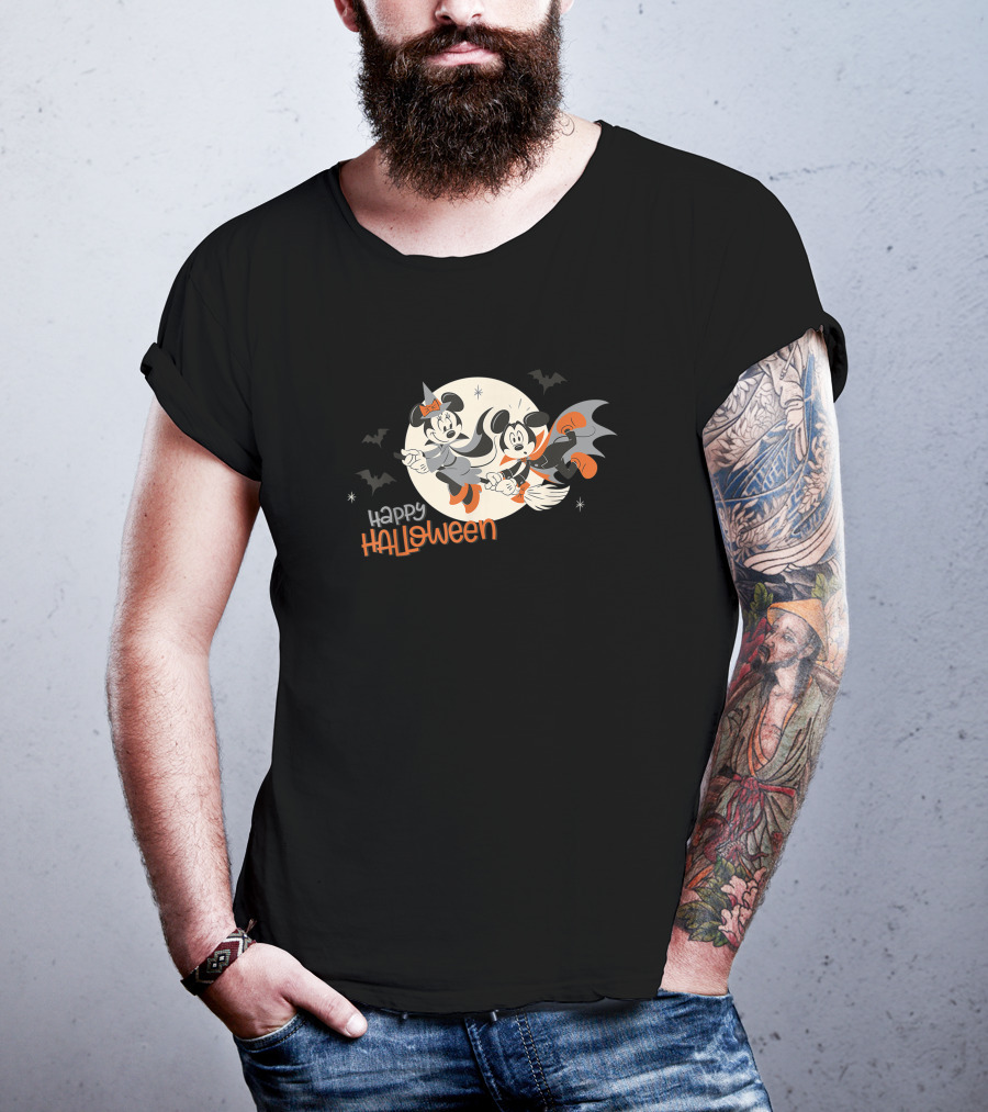 Happy Halloween Disney Minnie And Mickey Flying On Broomsticks T-Shirt